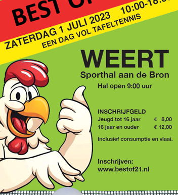 Best of 21 Tafeltennistoernooi zaterdag 1 juli a.s. in Weert